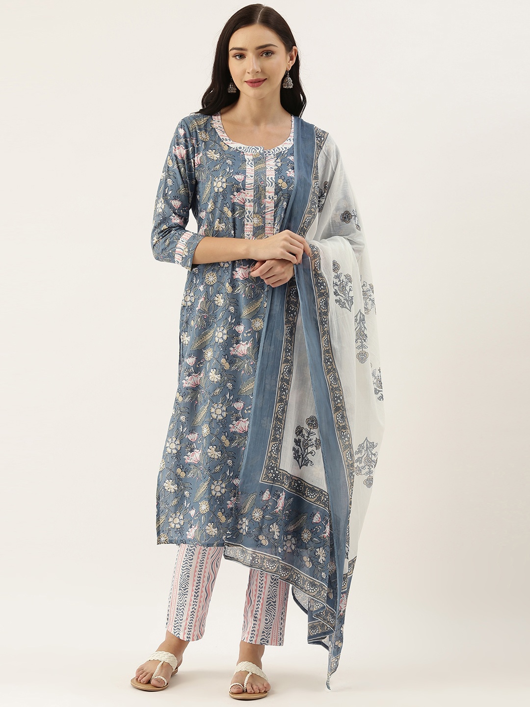 

Saanjh Women Grey & White Printed Kurta with Trousers & Dupatta