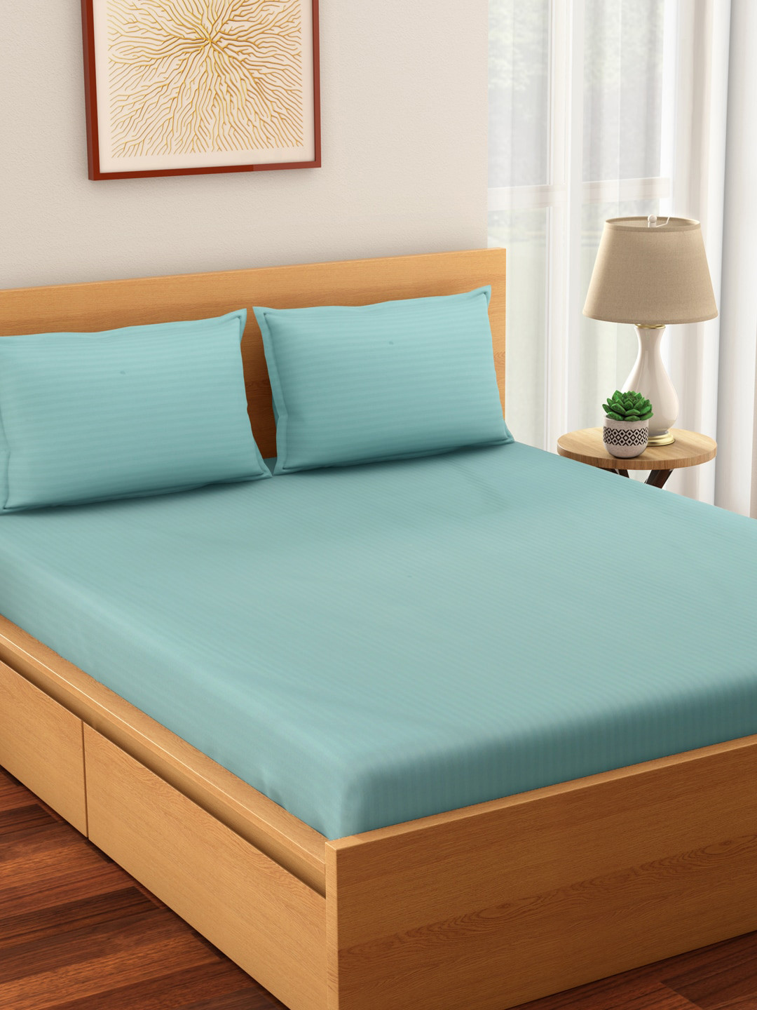 

Living scapes by Pantaloons Blue Striped 210 TC Cotton 1 Queen Bedsheet with 2 Pillow Covers