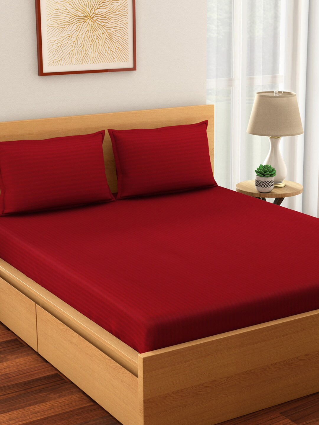 

Living scapes by Pantaloons Maroon Striped 210 TC Cotton 1 Queen Bedsheet with 2 Pillow Covers