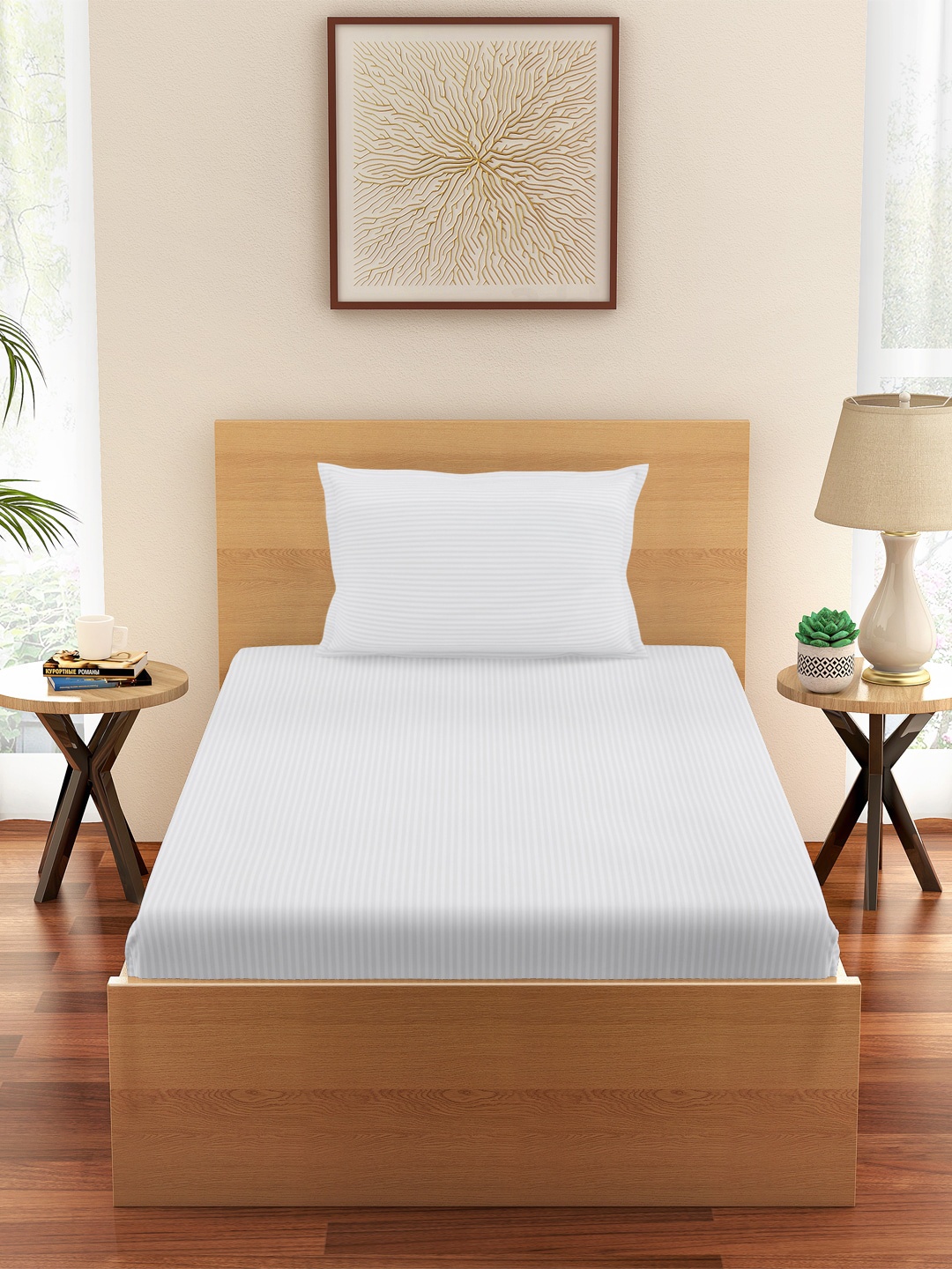 

Living scapes by Pantaloons Off-White Striped 210 TC Cotton 1 Single Bedsheet with 1 Pillow Covers