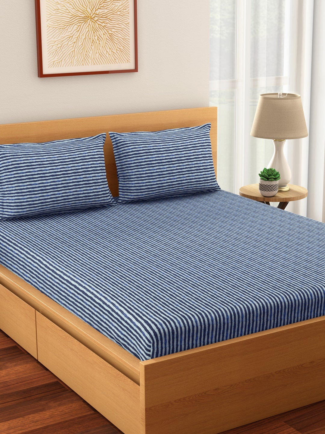 

Living scapes by Pantaloons Blue & White Striped 144 TC Cotton 1 King Bedsheet with 2 Pillow Covers