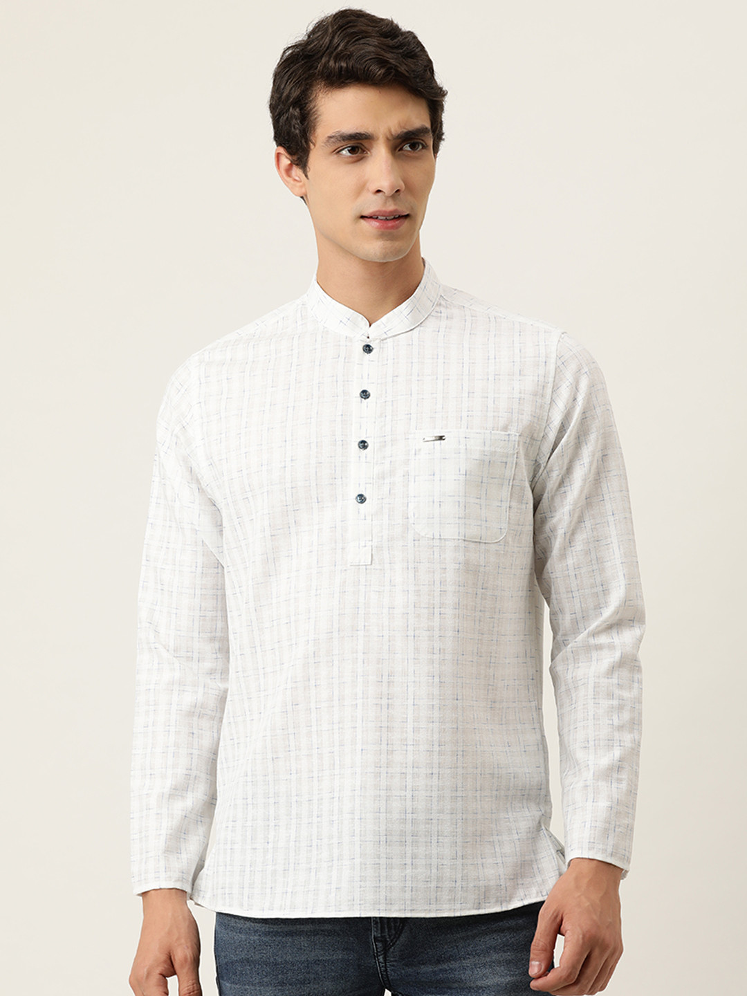 

Peter England Men White & Blue Slim Fit Checked Kurta