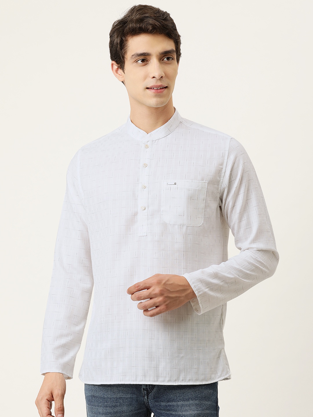 

Peter England Men White & Brown Slim Fit Checked Kurta