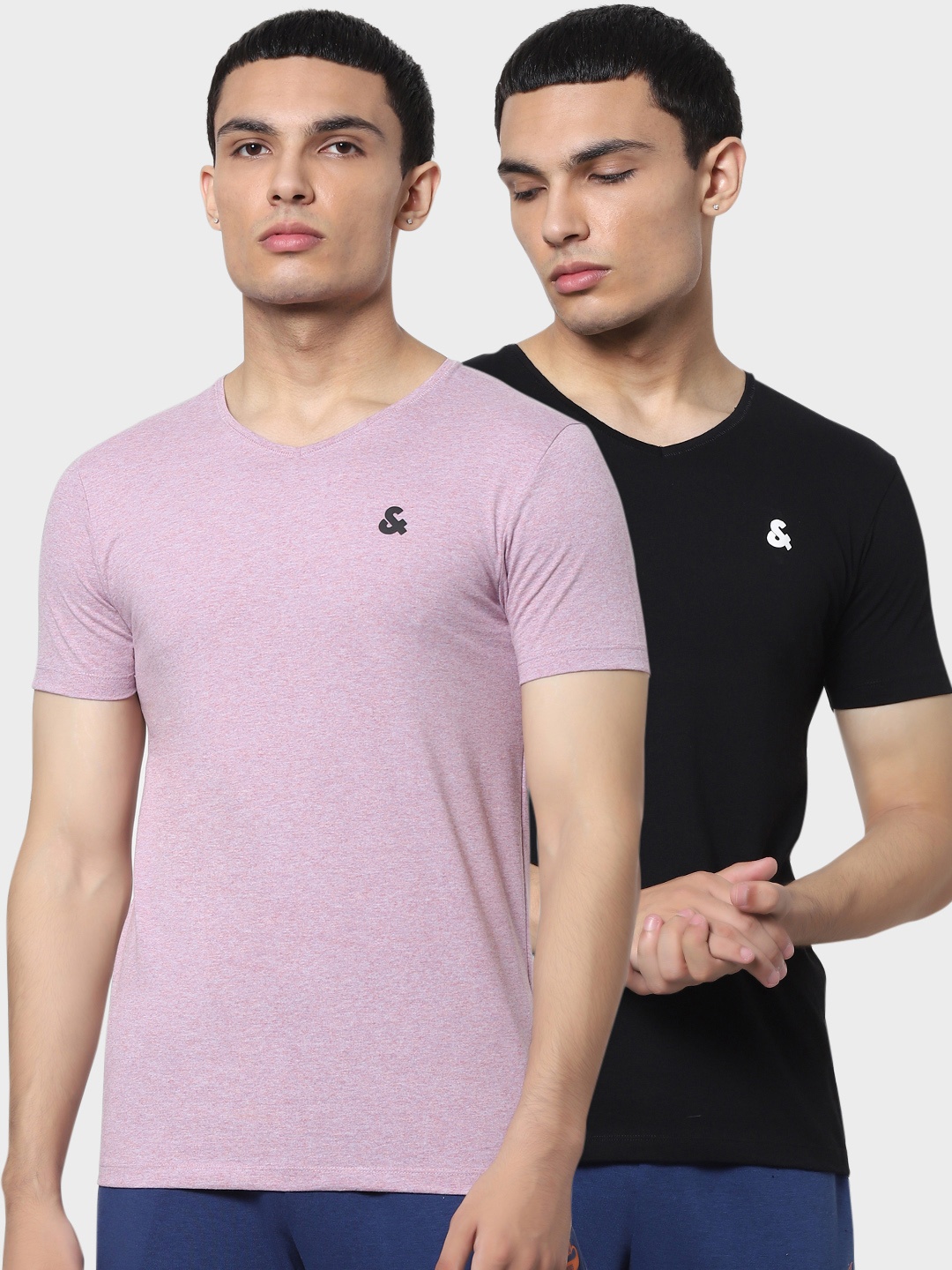 

Jack Jones Men Pack Of 2 Lavender Black V-Neck Pure Cotton T-shirt