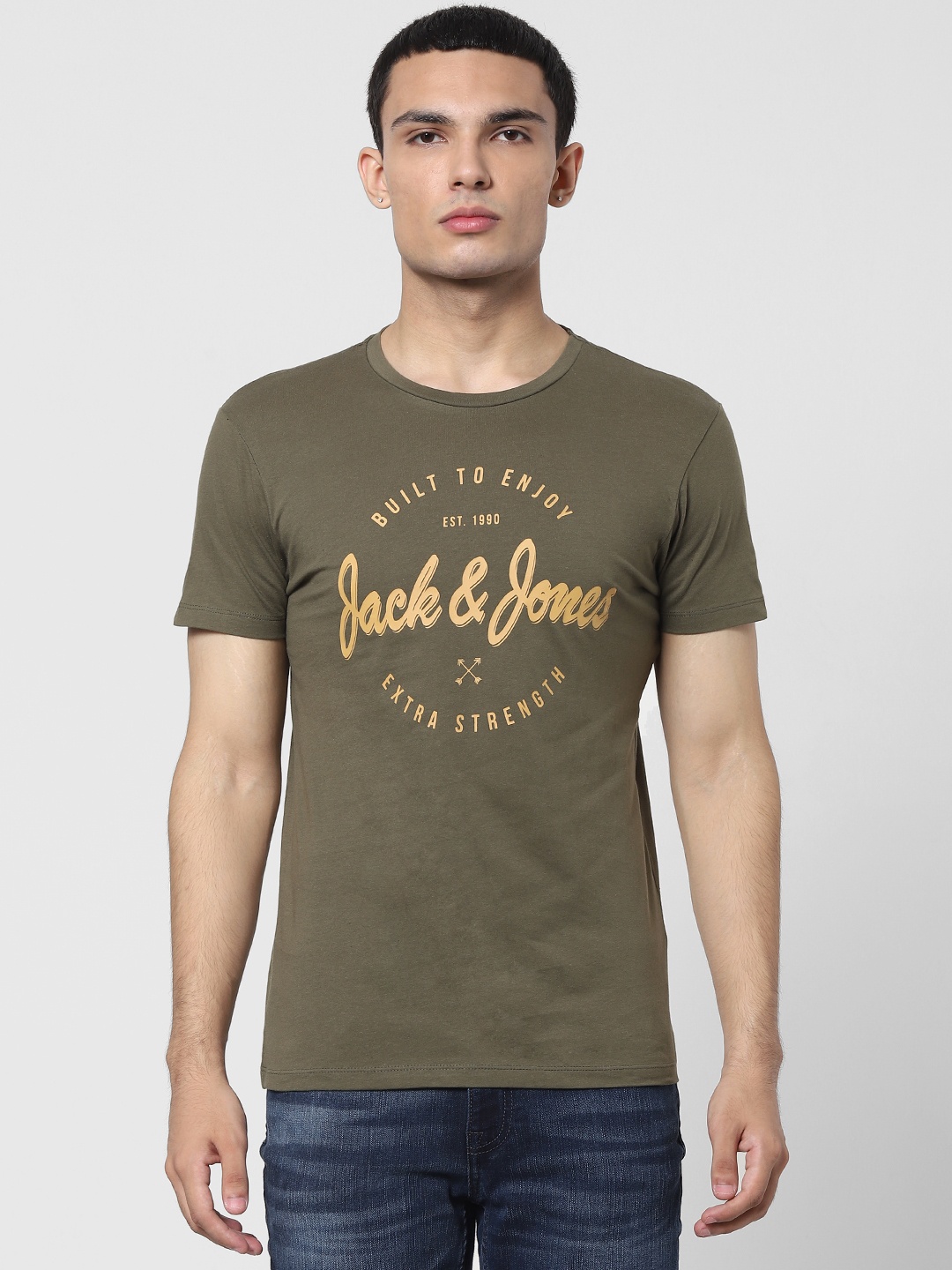 

Jack Jones Men Olive Green Printed Round Neck Pure Cotton T-shirt