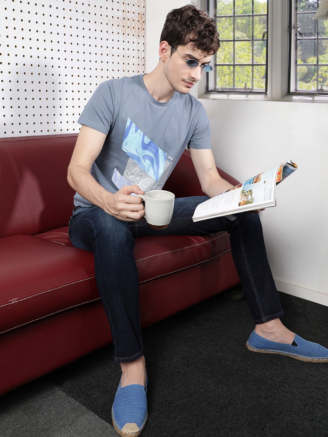 

Jack Jones Men Blue Printed Round Neck Pure Cotton T-shirt