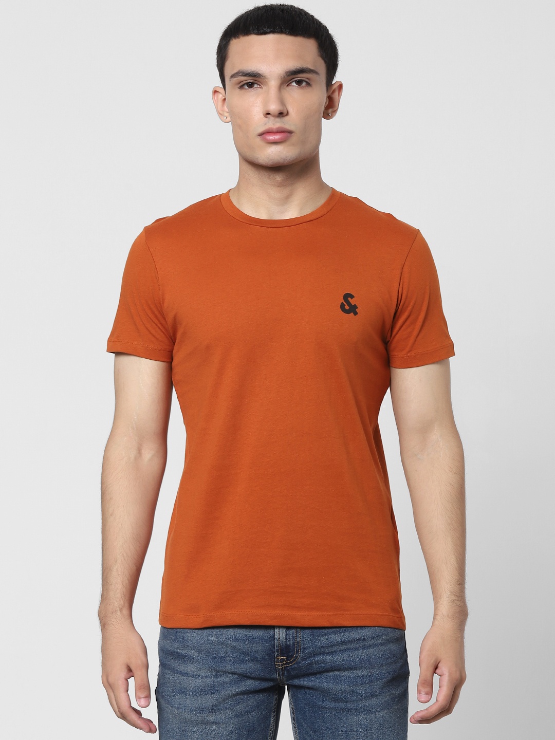 

Jack & Jones Men Rust Orange Pure Cotton Solid Round Neck T-shirt