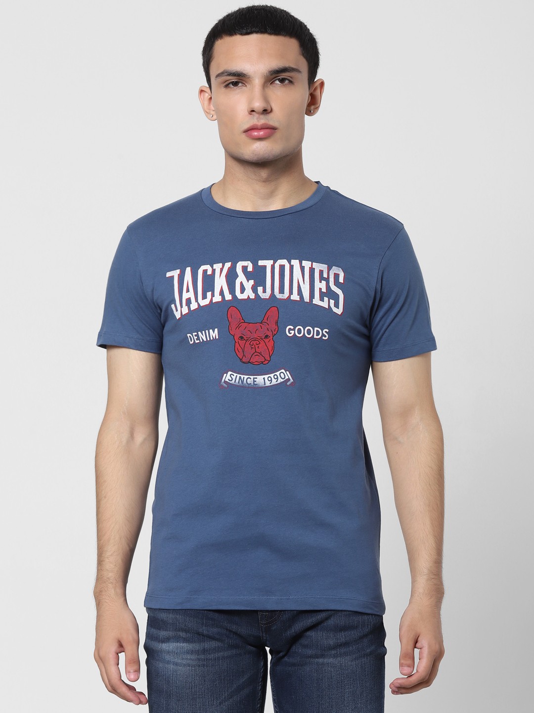 

Jack Jones Men Blue Cotton Brand Logo Print Round Neck Pure Cotton T-shirt