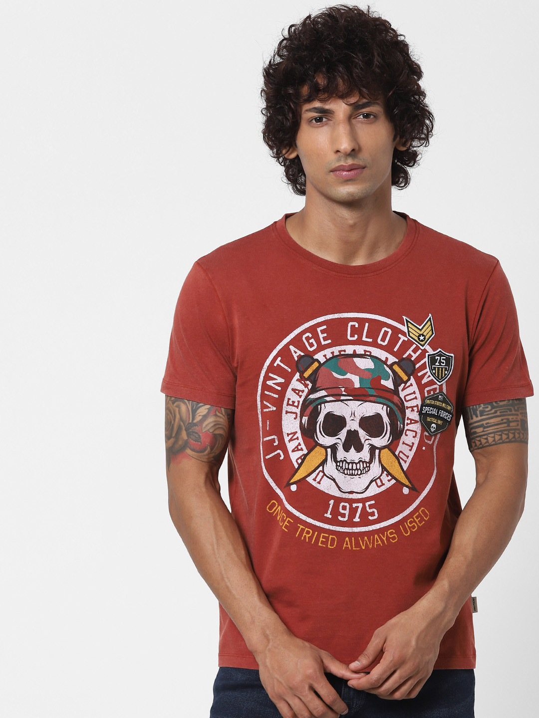 

Jack Jones Men Red Printed Round Neck Pure Cotton T-shirt