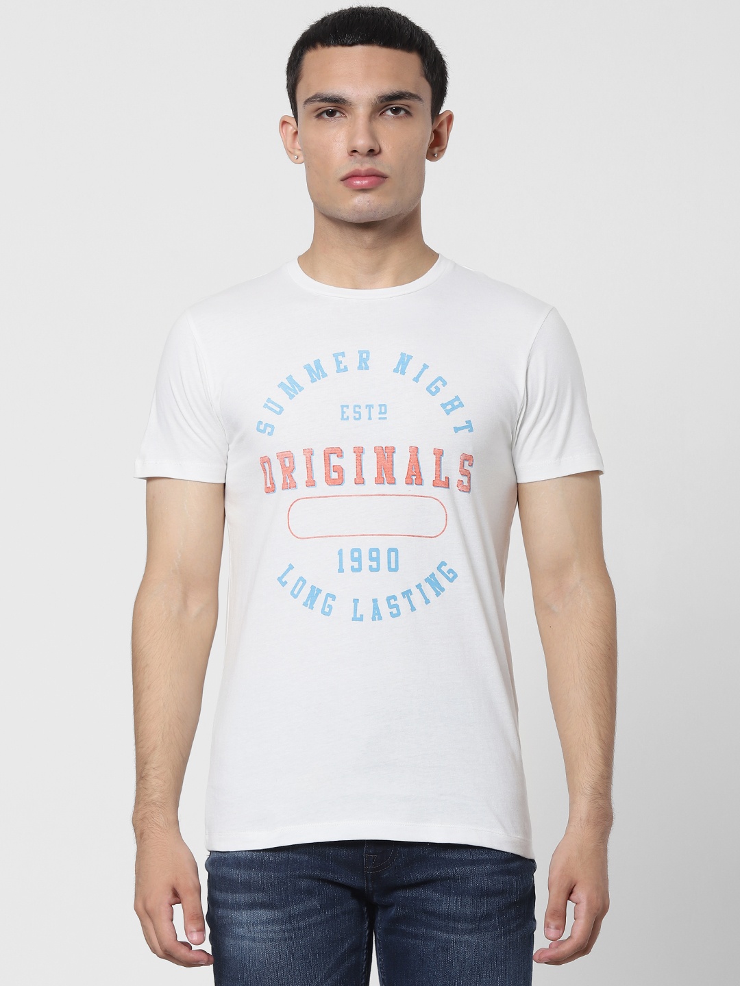 

Jack & Jones Men White & Blue Pure Cotton Printed Round Neck T-shirt