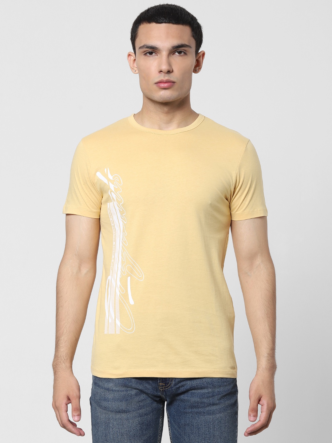 

Jack Jones Men Yellow White Cotton Placement Print Round Neck Pure Cotton T-shirt