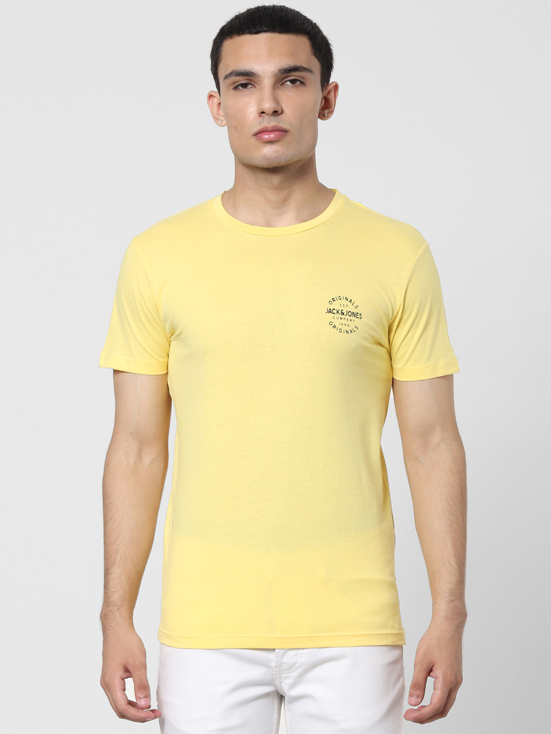 

Jack & Jones Men Yellow Pure Cotton Solid Round Neck T-shirt