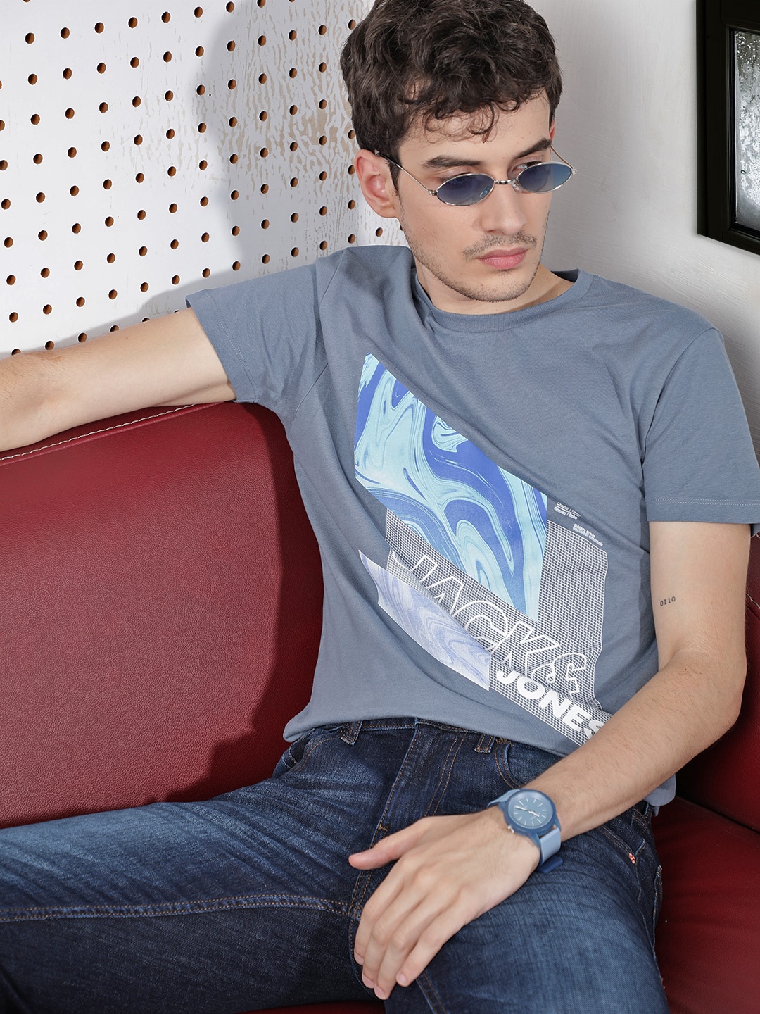 

Jack & Jones Men Blue & Grey Brand Logo Printed Slim Fit Round Neck T-shirt