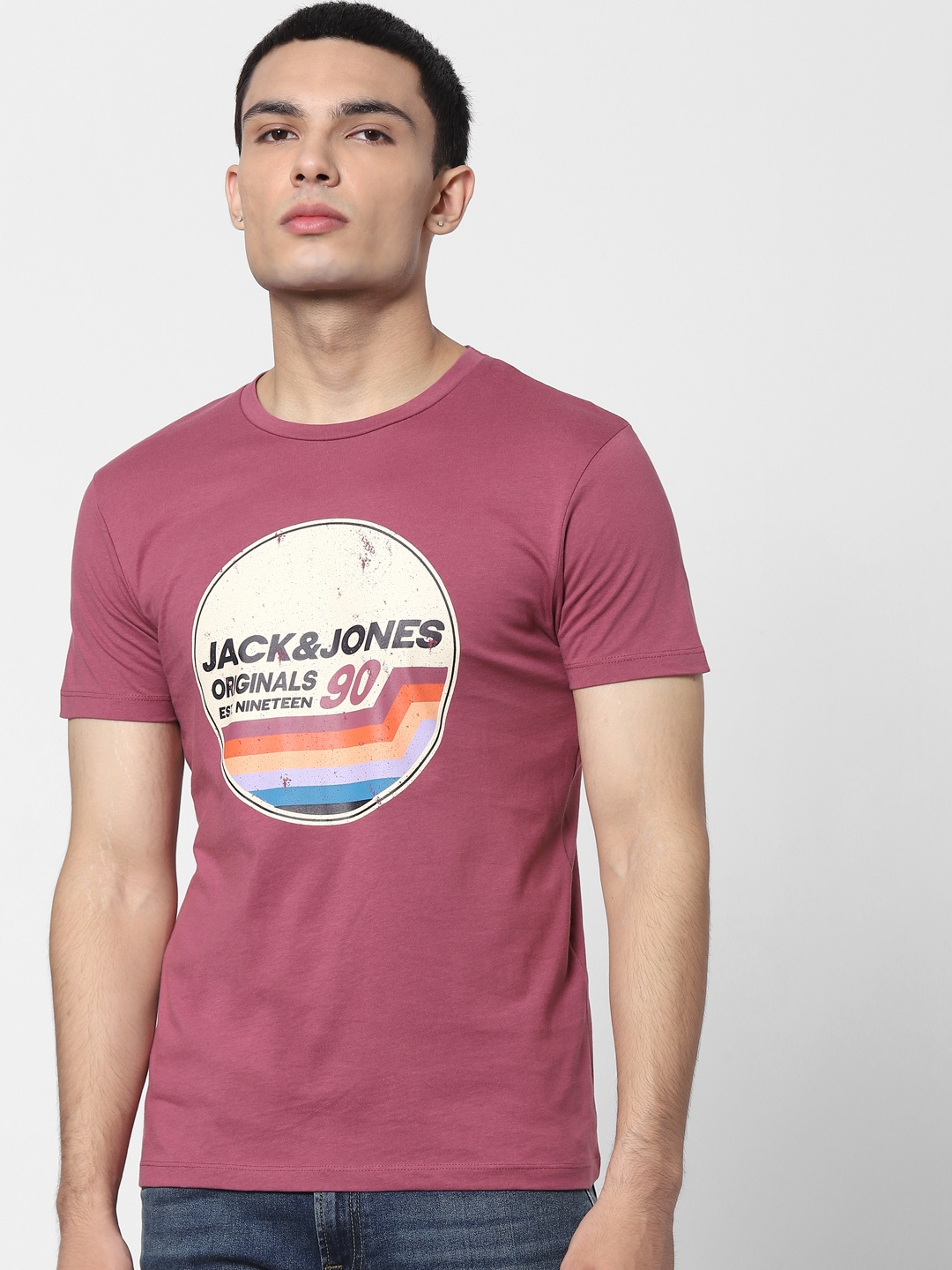 

Jack & Jones Men Pink Pure Cotton Printed Round Neck T-shirt
