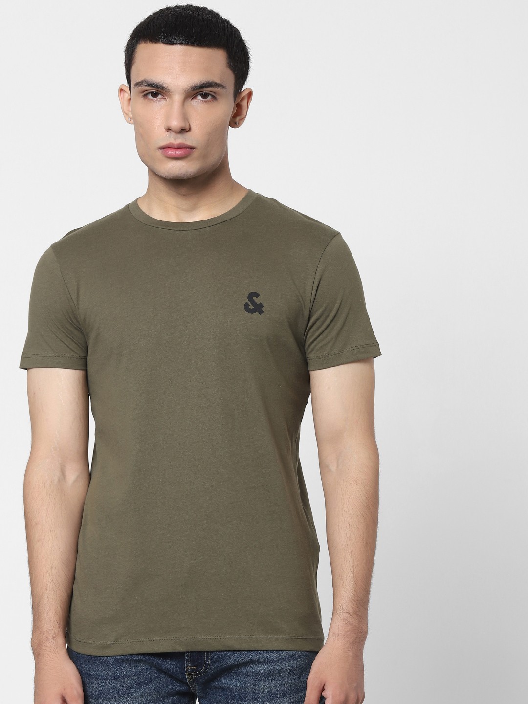 

Jack Jones Men Olive Green Cotton Solid Round Neck Pure Cotton T-shirt