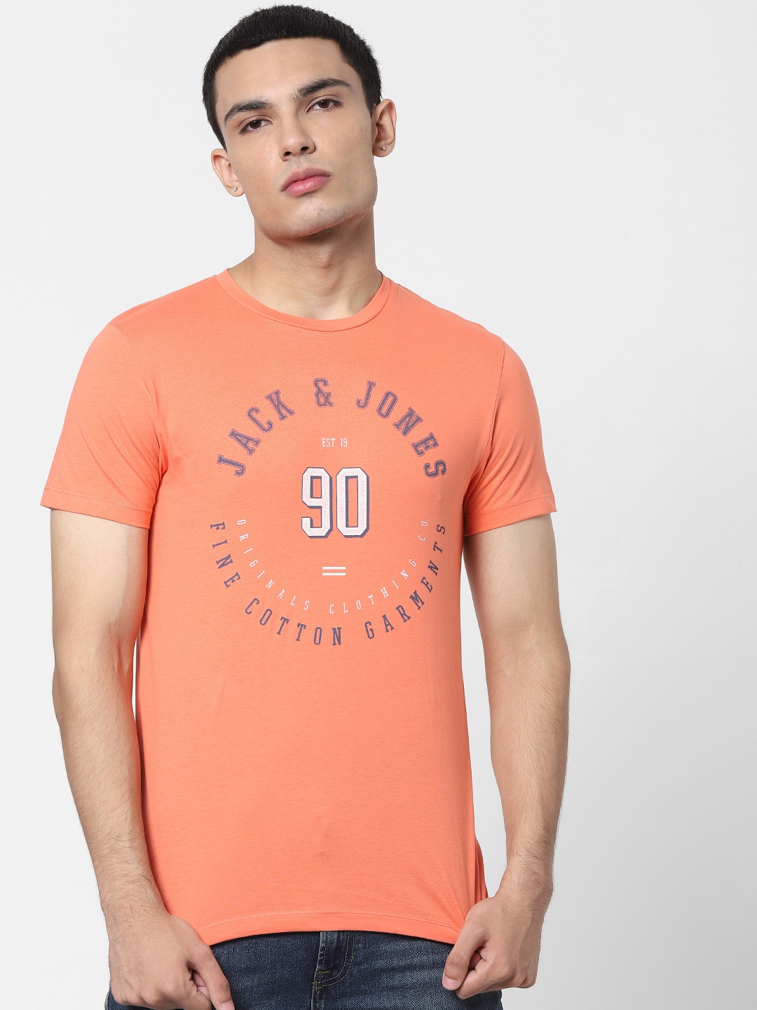 

Jack & Jones Men Peach-Coloured Brand Logo Printed Round Neck T-shirt