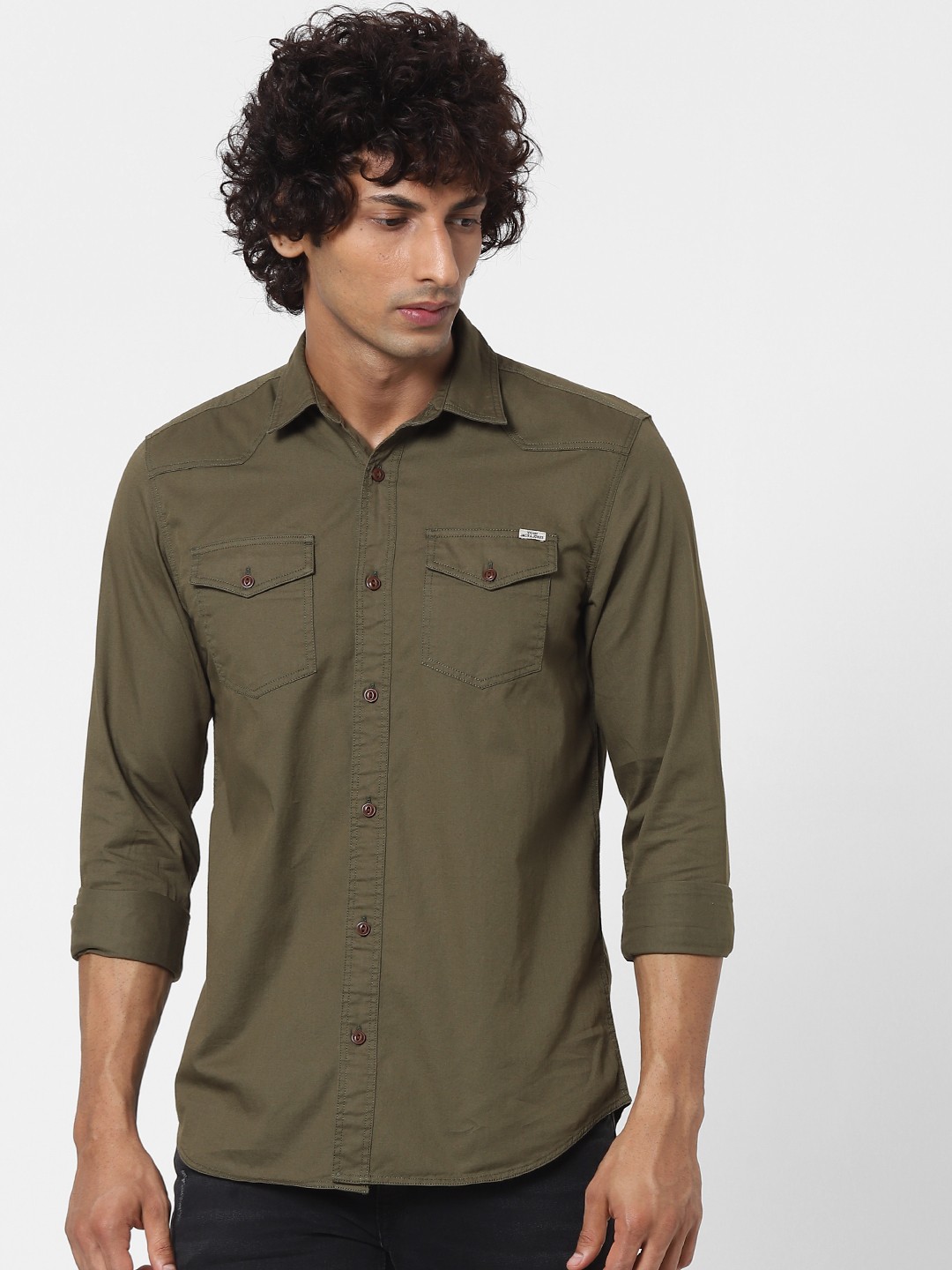 

Jack & Jones Men Olive Green Pure Cotton Casual Shirt