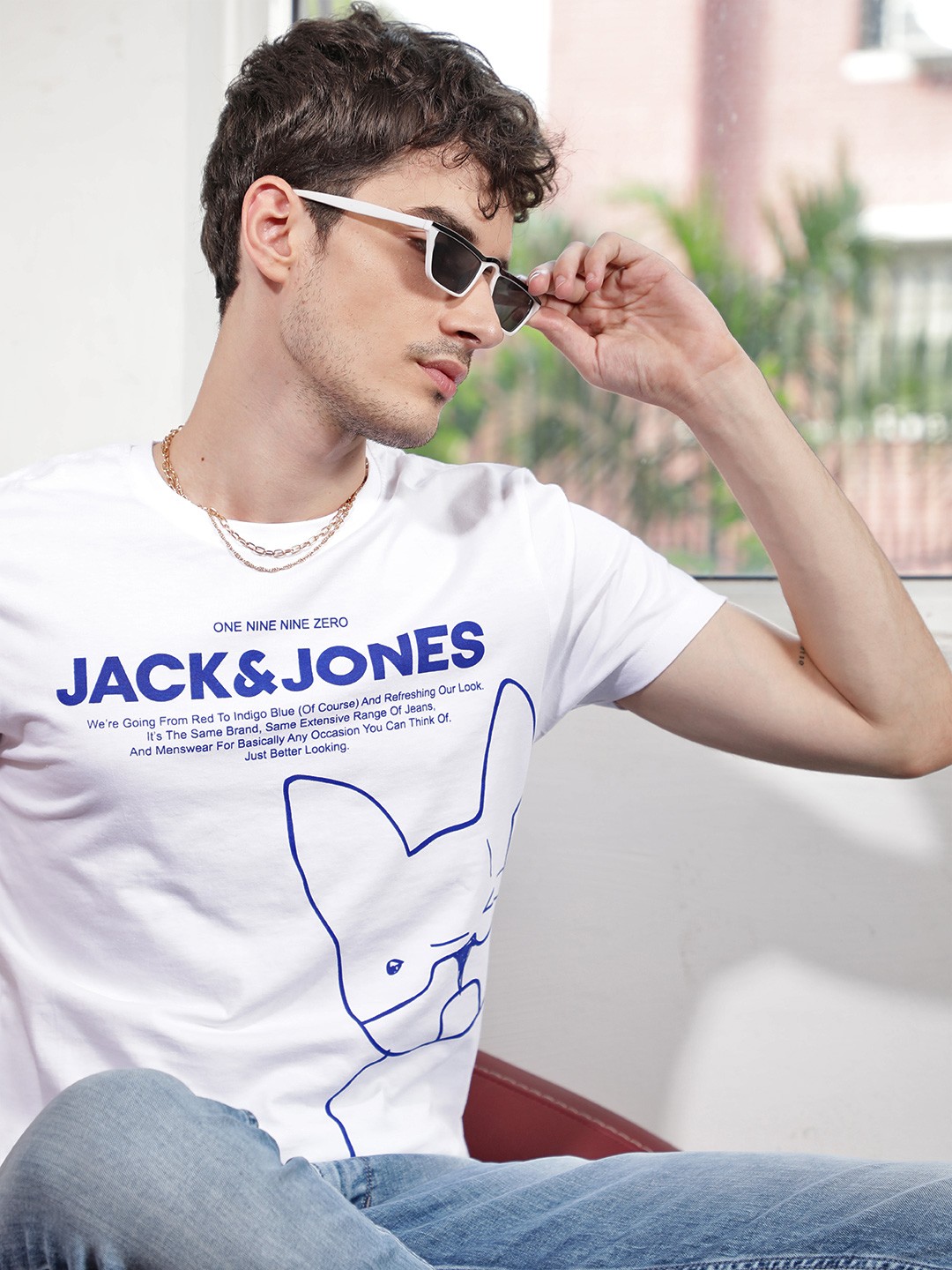 

Jack Jones Men White Blue Cotton Brand Logo Print Round Neck Pure Cotton T-shirt