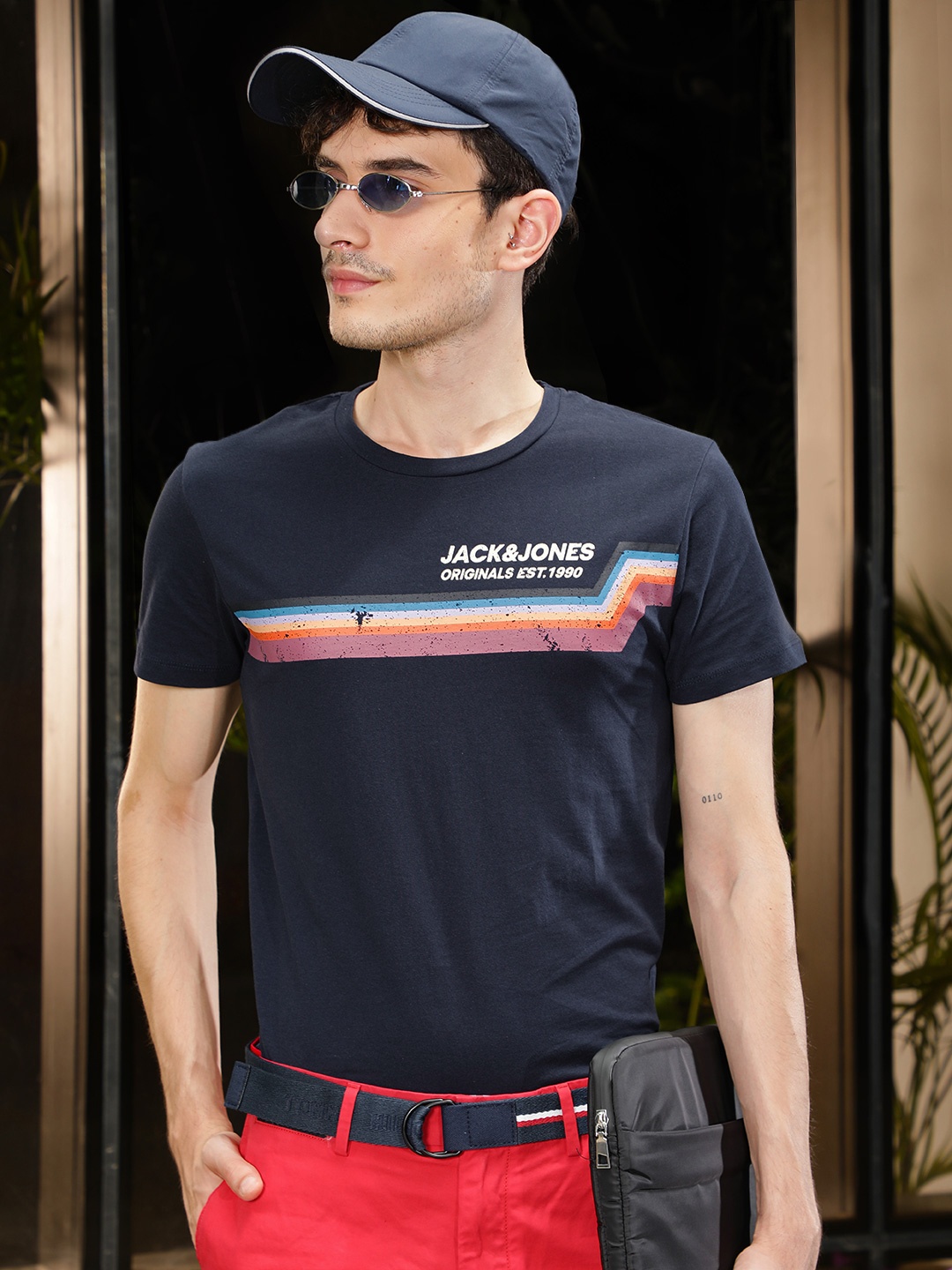 

Jack & Jones Men Navy Blue & Orange Pure Cotton Striped Round Neck T-shirt