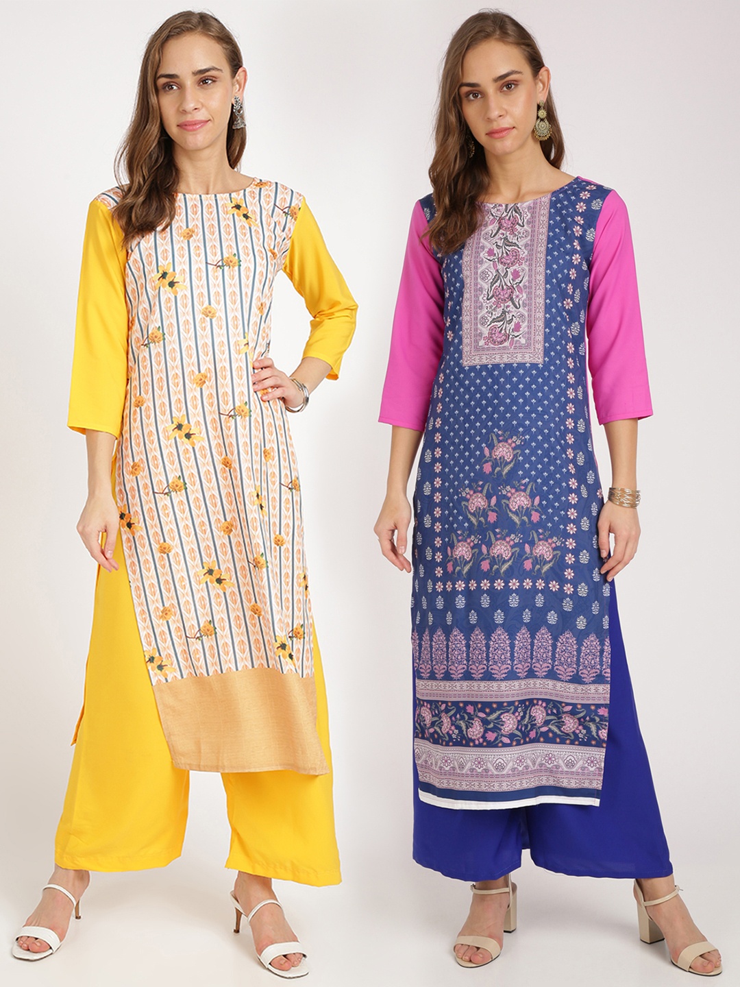 

Florence Women Pack Of 2 Yellow & Blue Colourblocked Kurtas with Palazzos