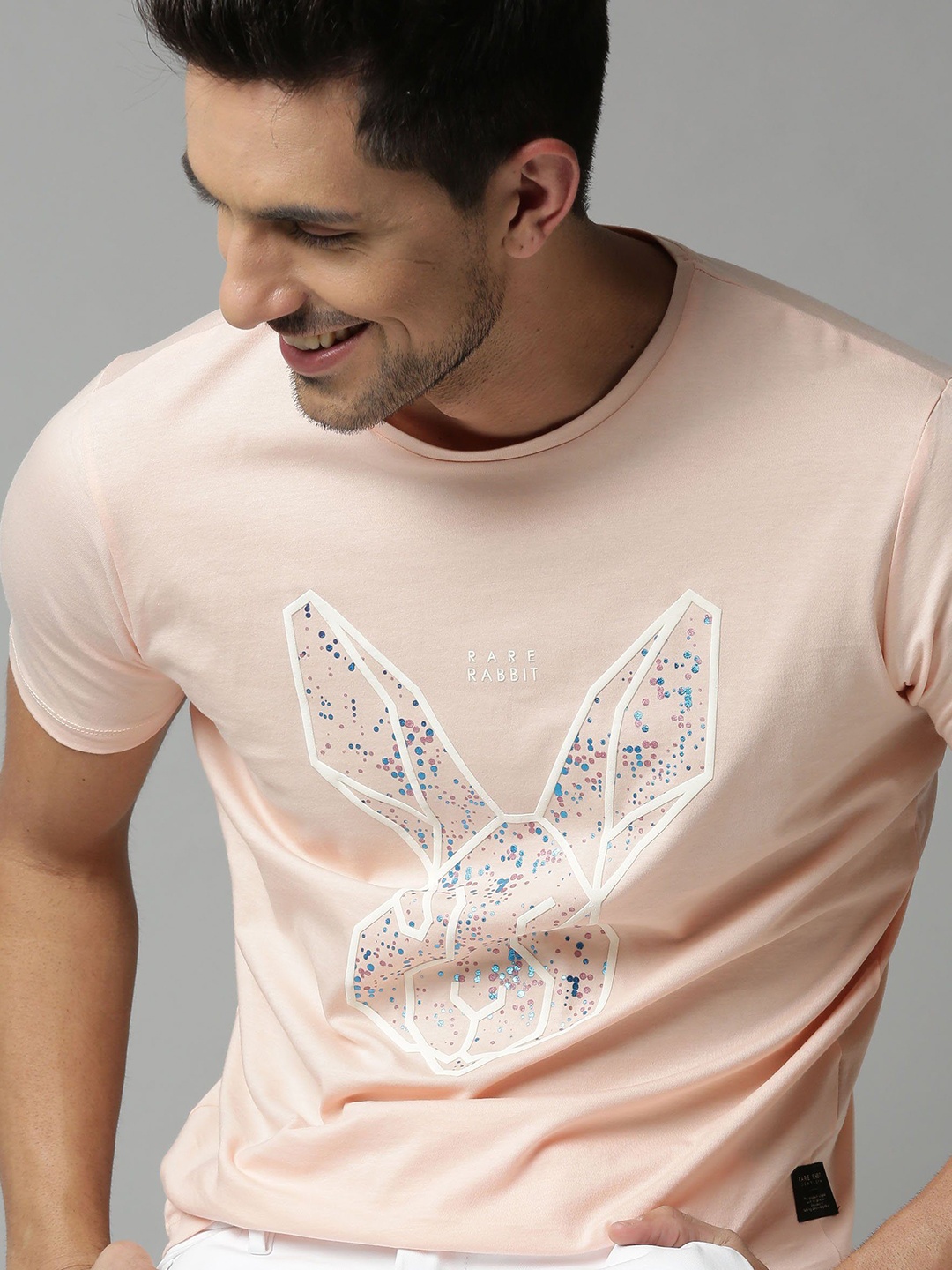 

RARE RABBIT Men Modern Slim Fit Printed Round Neck T-Shirt, Pink