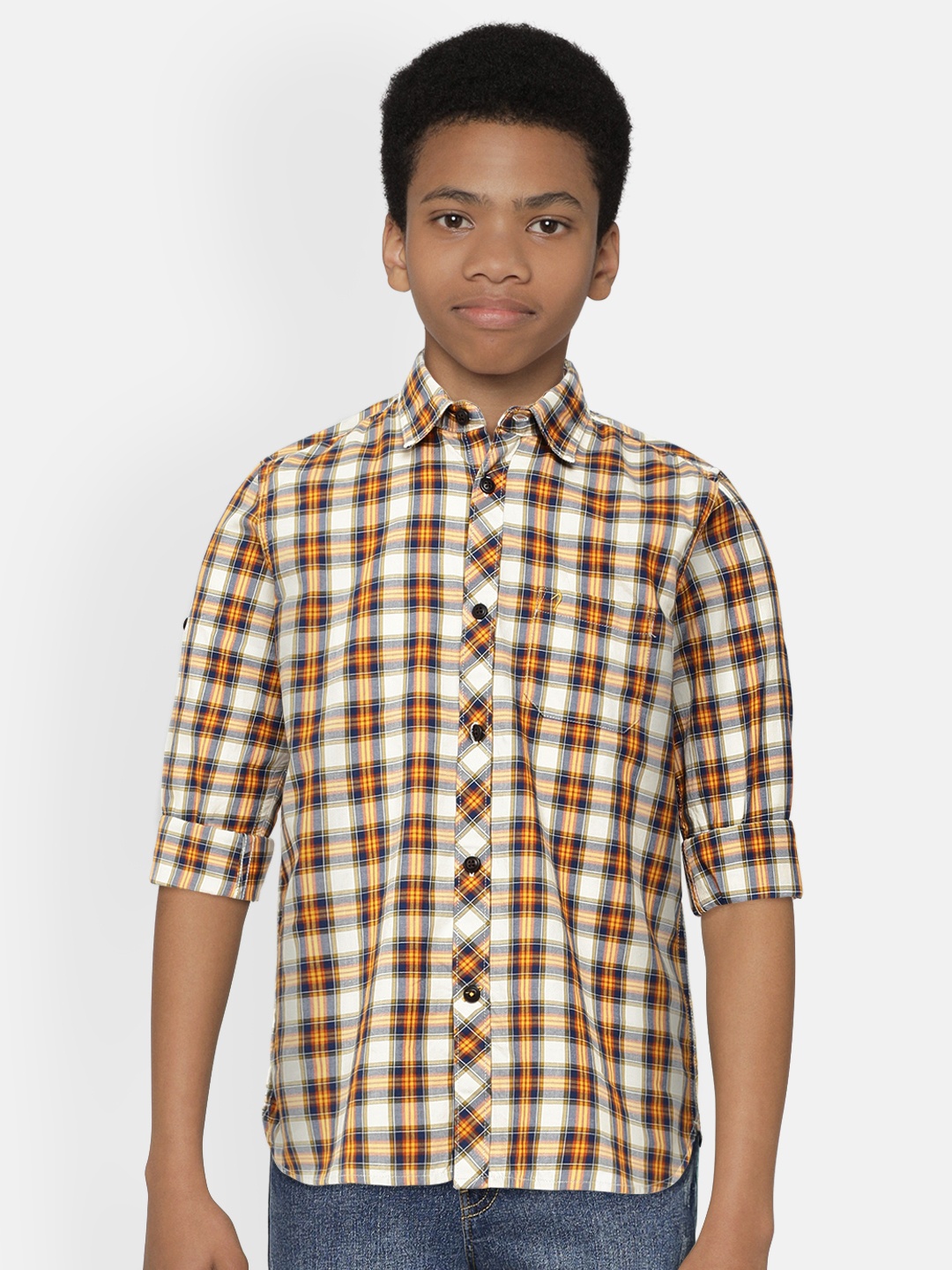 

Indian Terrain Boys Orange & Blue Slim Fit Checked Pure Cotton Casual Shirt