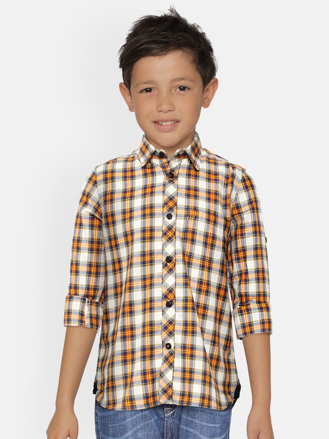 

Indian Terrain Boys Orange & Cream Pure Cotton Slim Fit Checked Casual Shirt