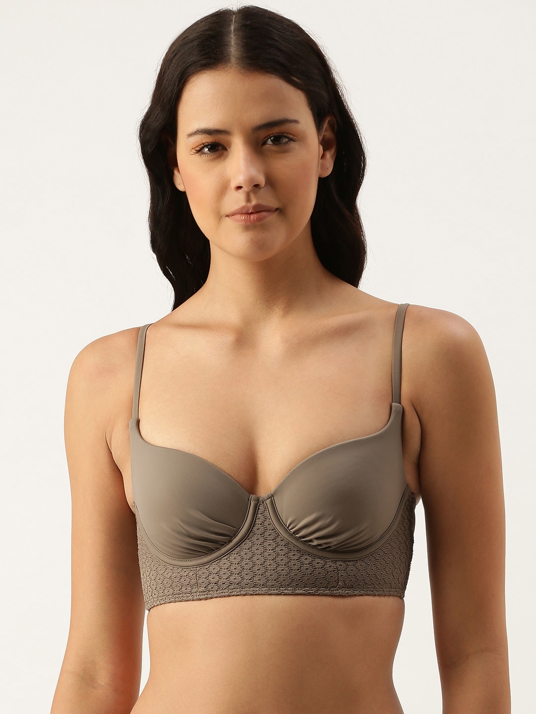 

Amante Grey Solid Long Line Padded Bandeau Swim Top With Stylish Back Detail SWT17617