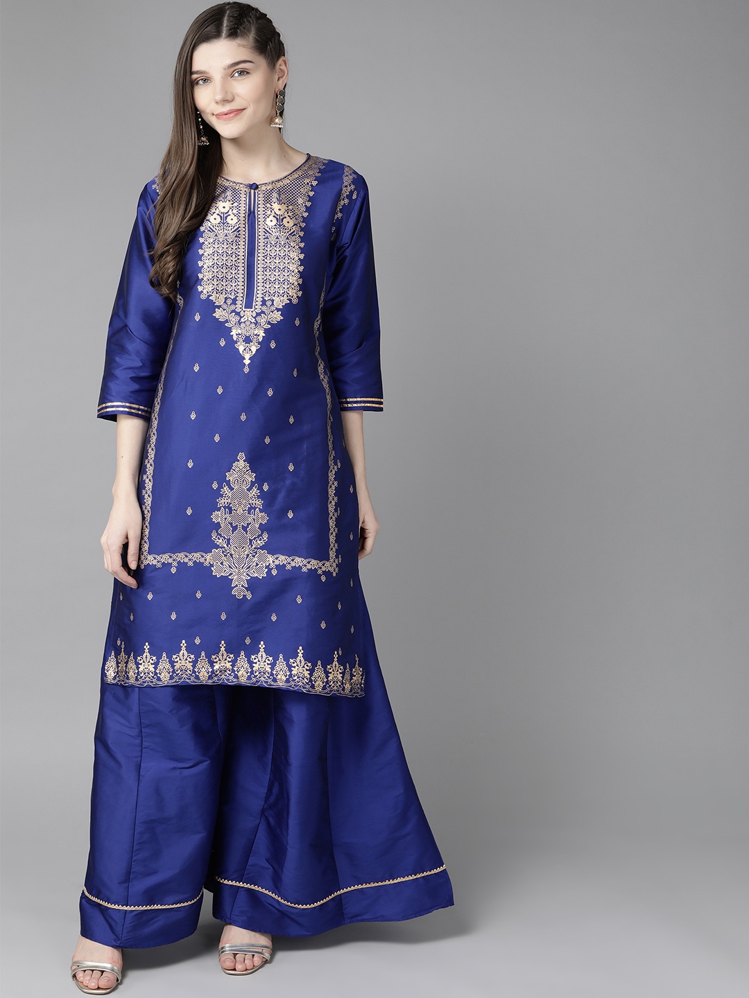 

Bhama Couture Women Navy Blue & Golden Printed Kurta with Palazzos
