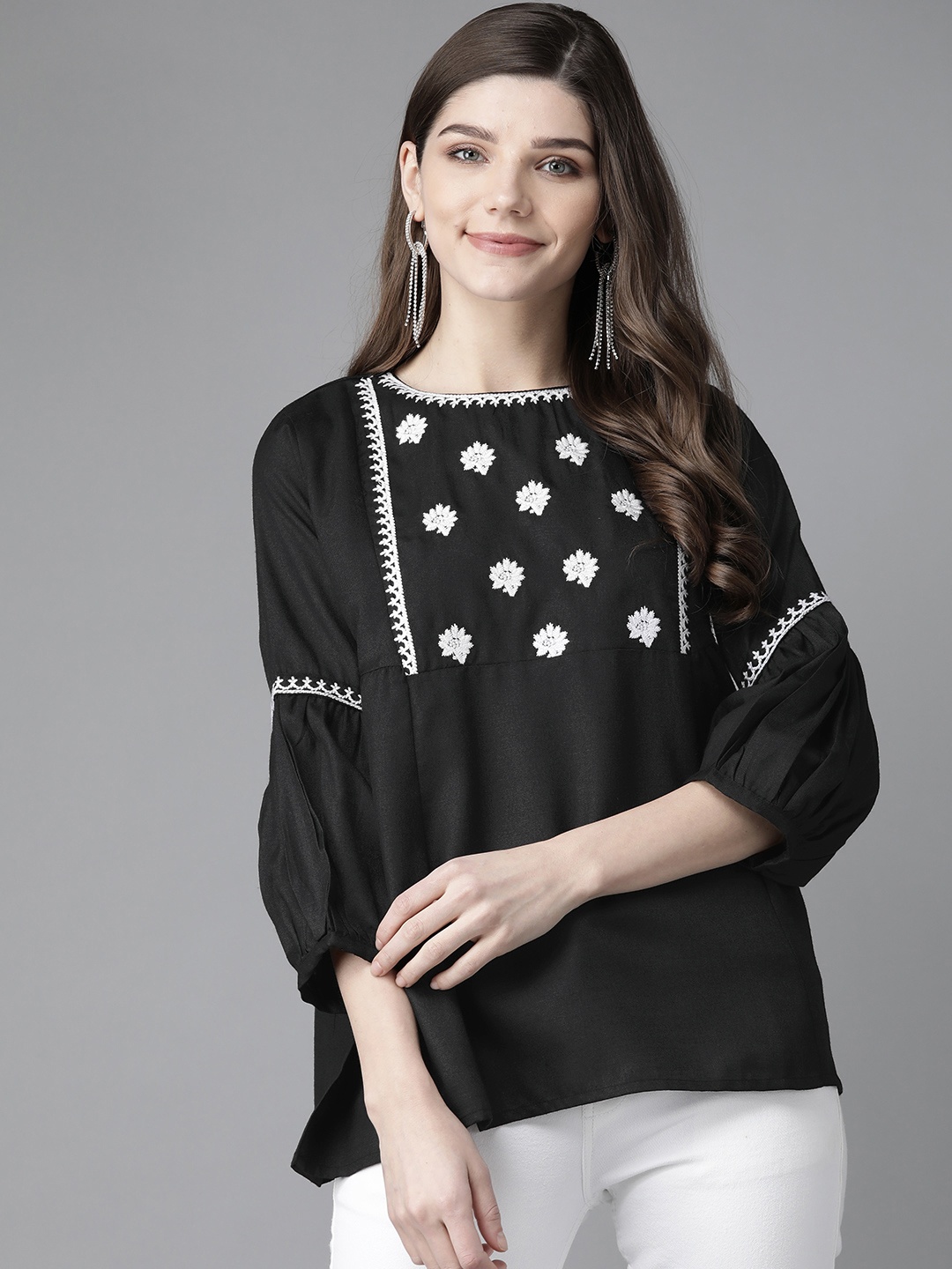 

Bhama Couture Black & White Embroidered Monochrome Puff Sleeves A-Line Top