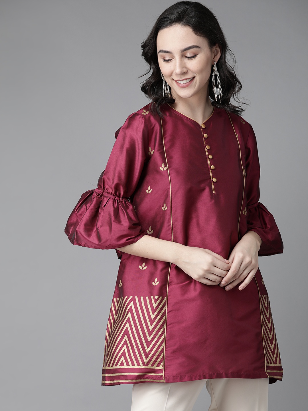 

Bhama Couture Women Magenta & Golden Silk Printed Tunic