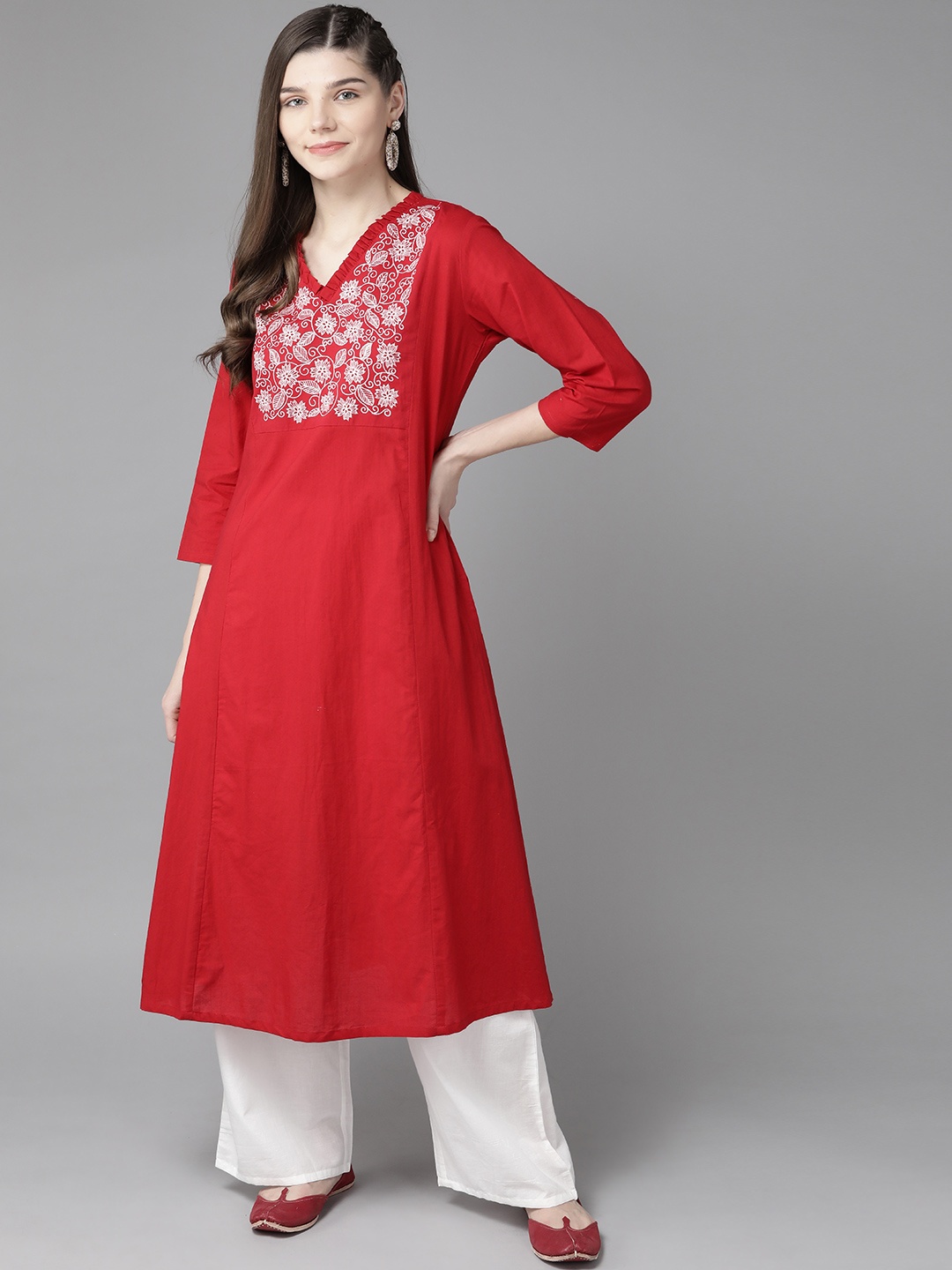 

Bhama Couture Women Maroon & White Solid Kurta with Palazzos