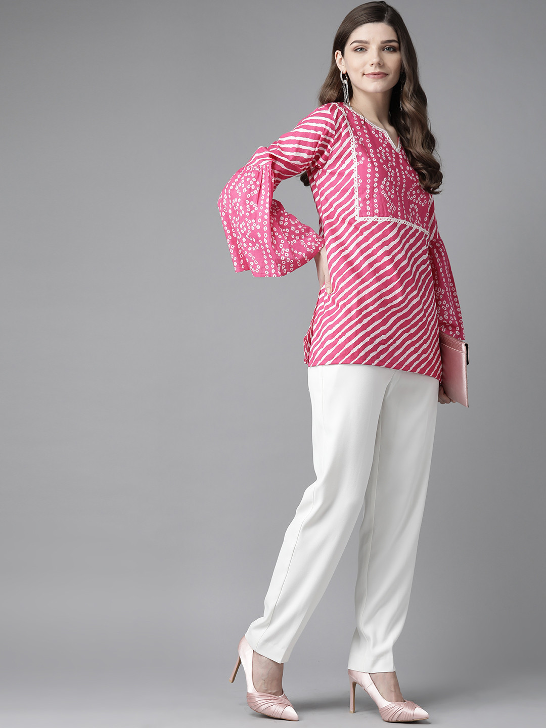 

Bhama Couture Pink & White Leheriya Print Bell Sleeves Regular Top