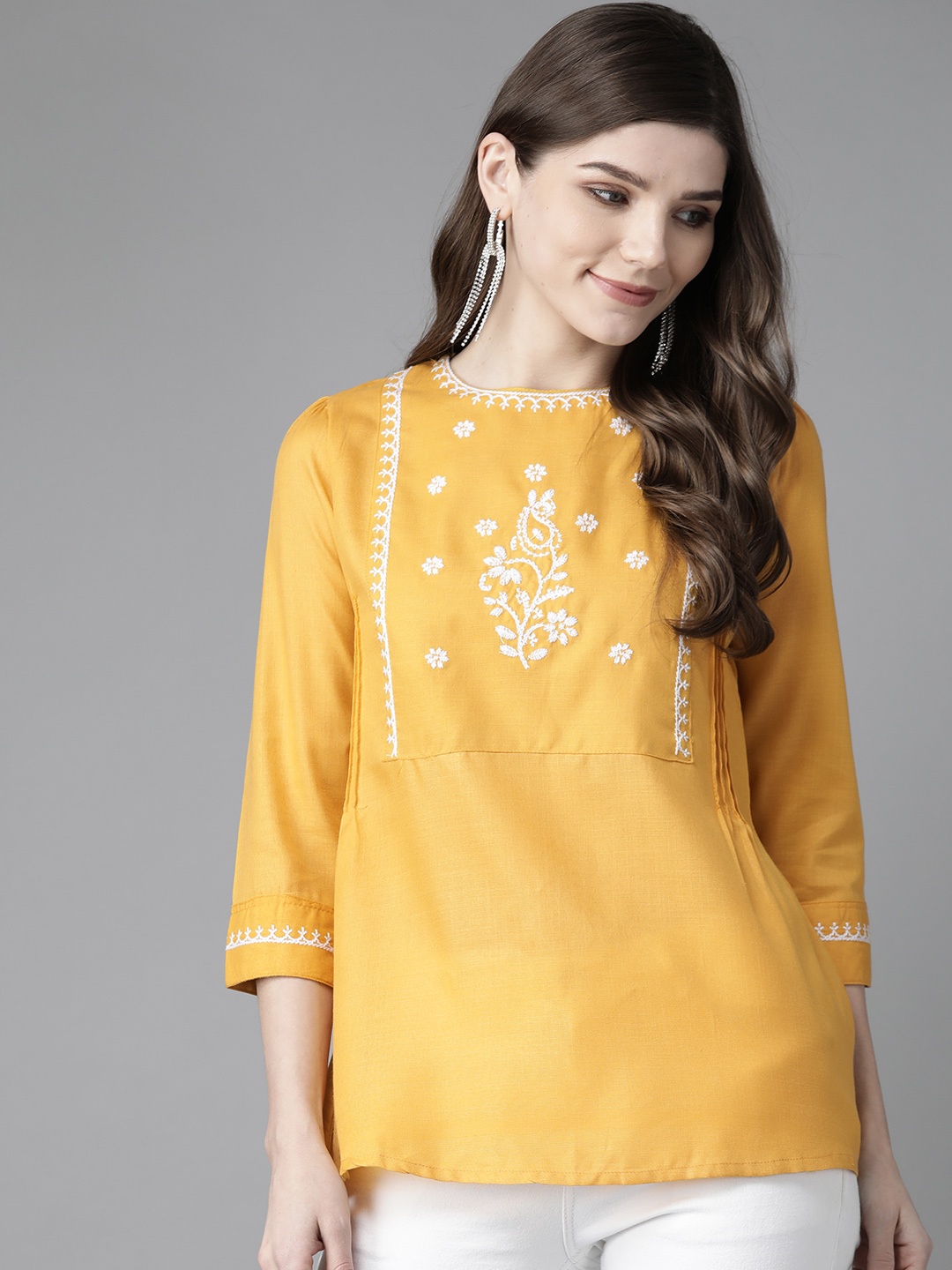 

Bhama Couture Mustard Yellow & White Embroidered Top