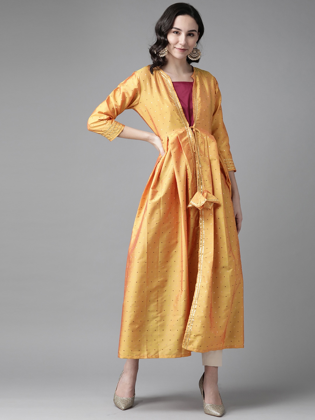 

Bhama Couture Mustard Yellow & Magenta Woven Design Layered A-line Kurta