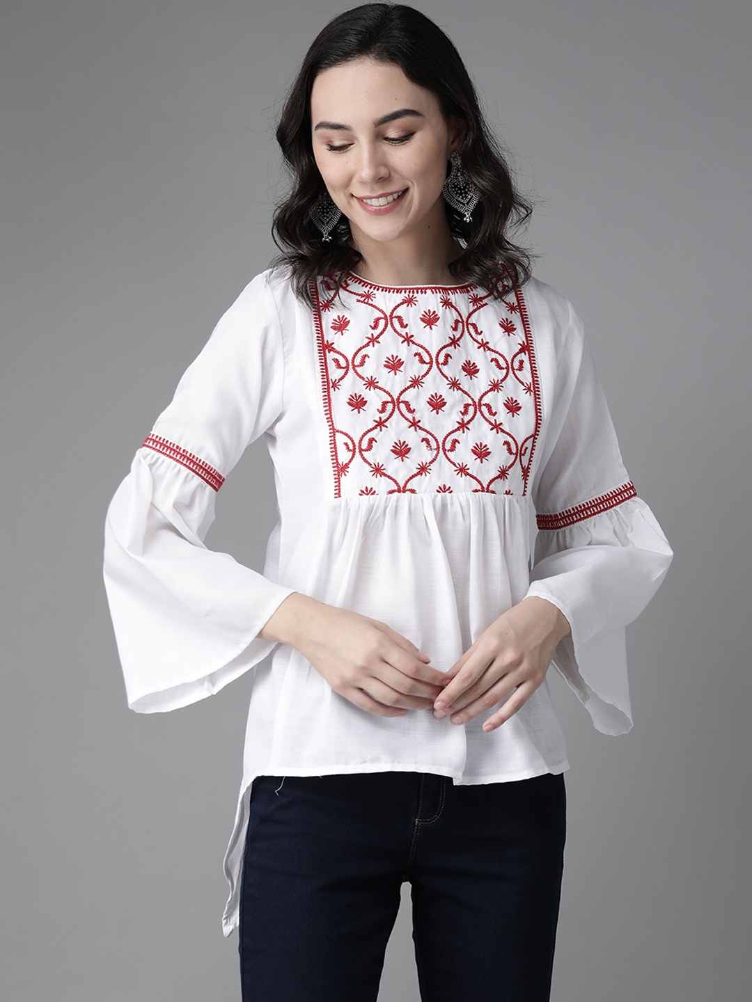 

Bhama Couture Women White & Red Embroidered Tunic