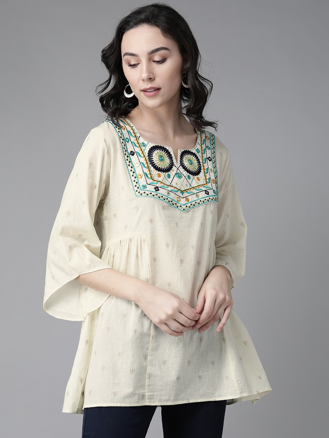 

Bhama Couture Women Off-White & Golden Foil Printed Tunic With Embroidered Detail