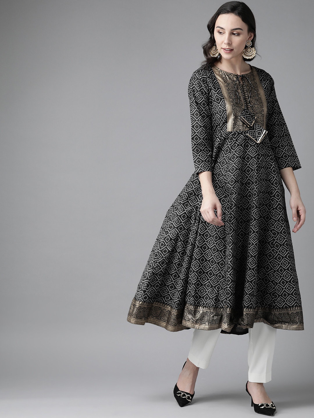 

Bhama Couture Women Black & White Bandhani Print A-line Kurta