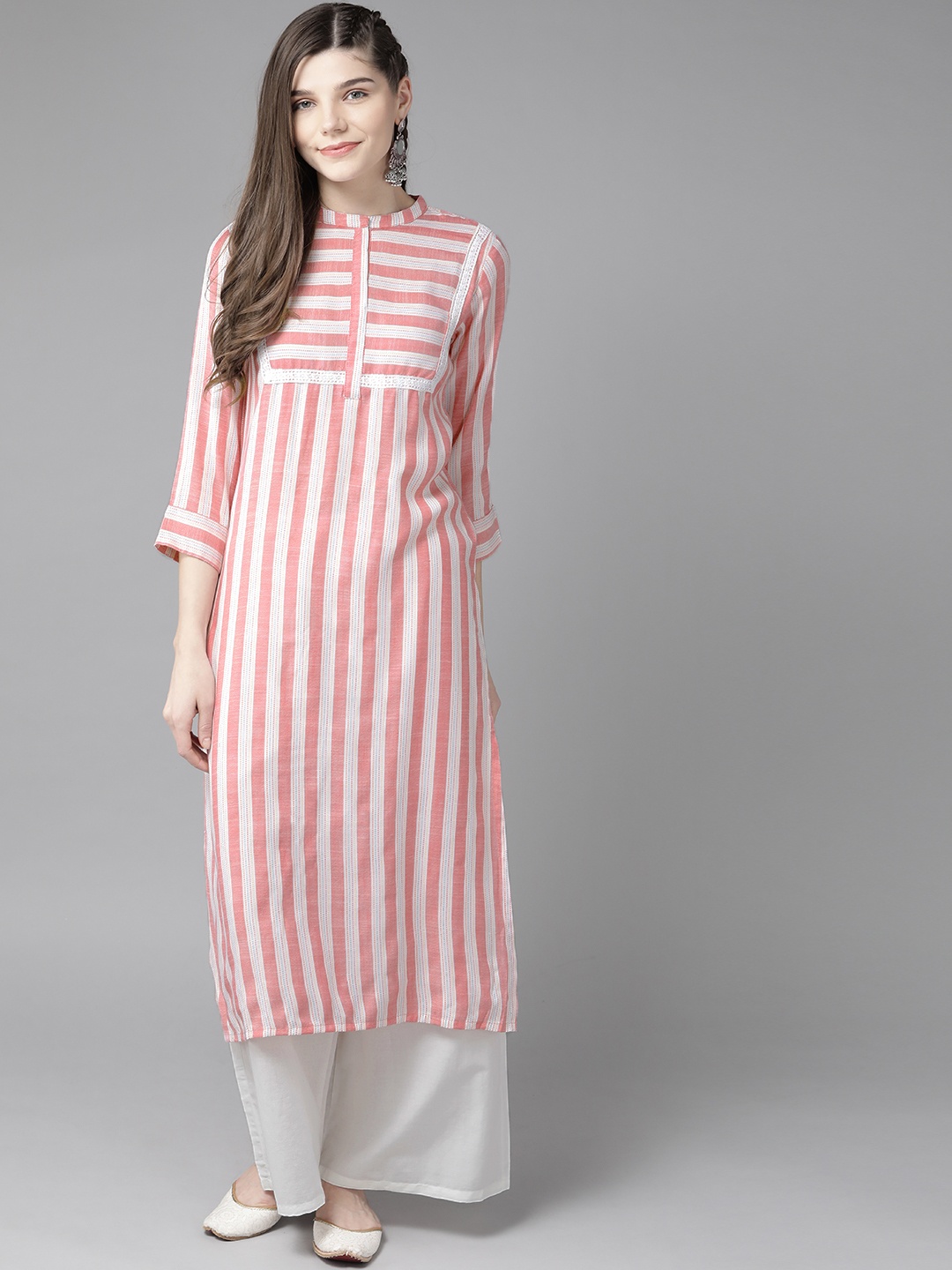 

Bhama Couture Women Pink & White Striped Kurta with Palazzos