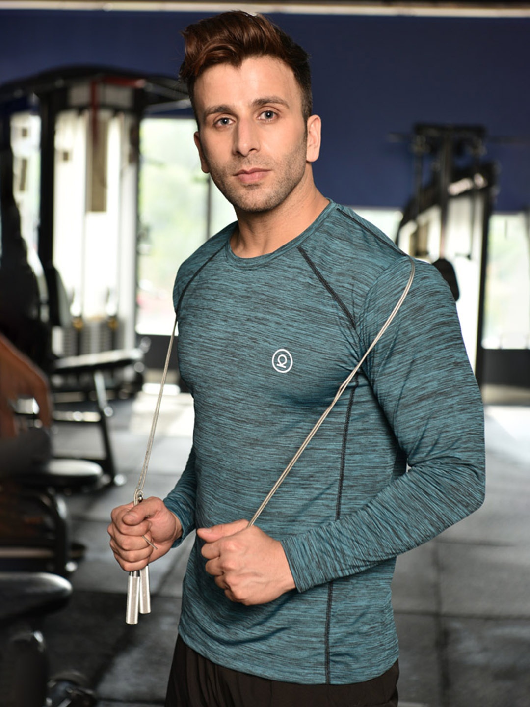 

CHKOKKO Men Sea Green Self Design Round Neck Dry Fit Gym T-shirt