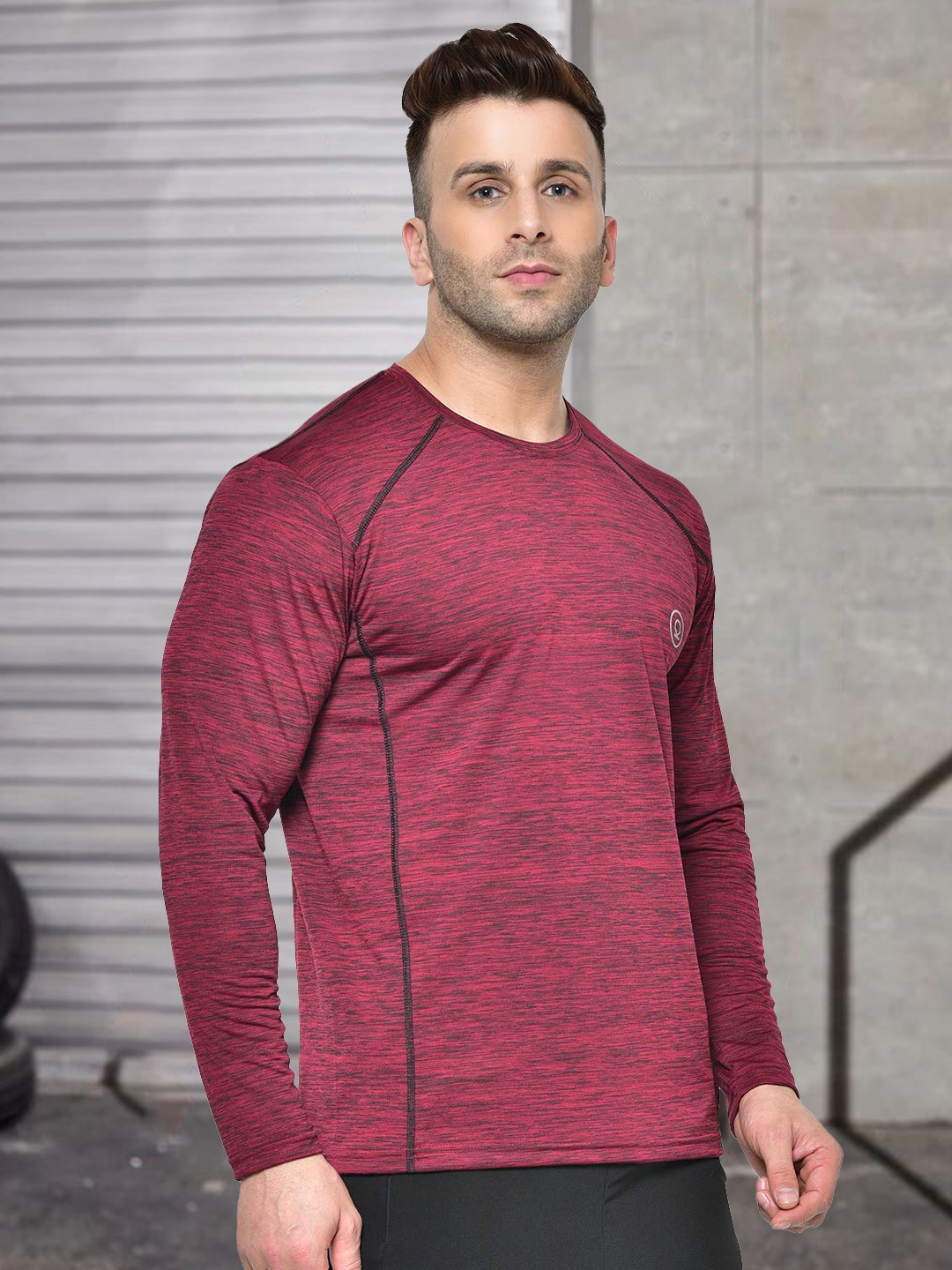 

Chkokko Men Maroon Self Design Round Neck Sports T-shirt