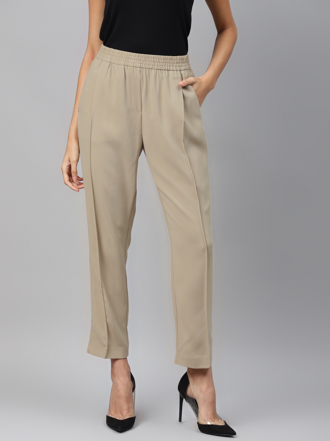 

Marks & Spencer Women Beige Slim Fit Solid Crop Darted Trousers