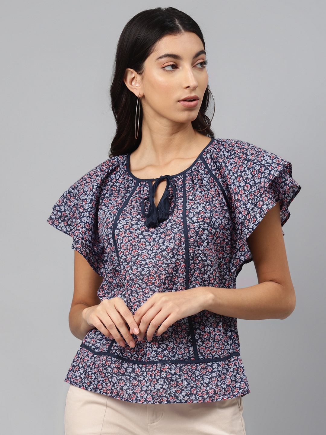 

Marks & Spencer Blue & Pink Ditsy Floral Tie-Up Neck Flutter Sleeves Pure Cotton Top