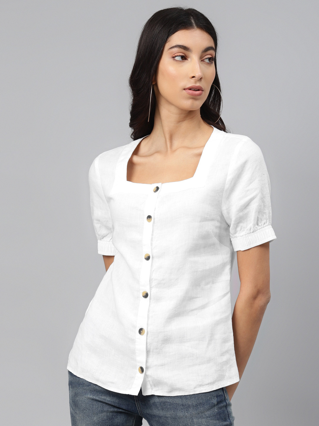 

Marks & Spencer White Solid Pure Linen Button Front Top