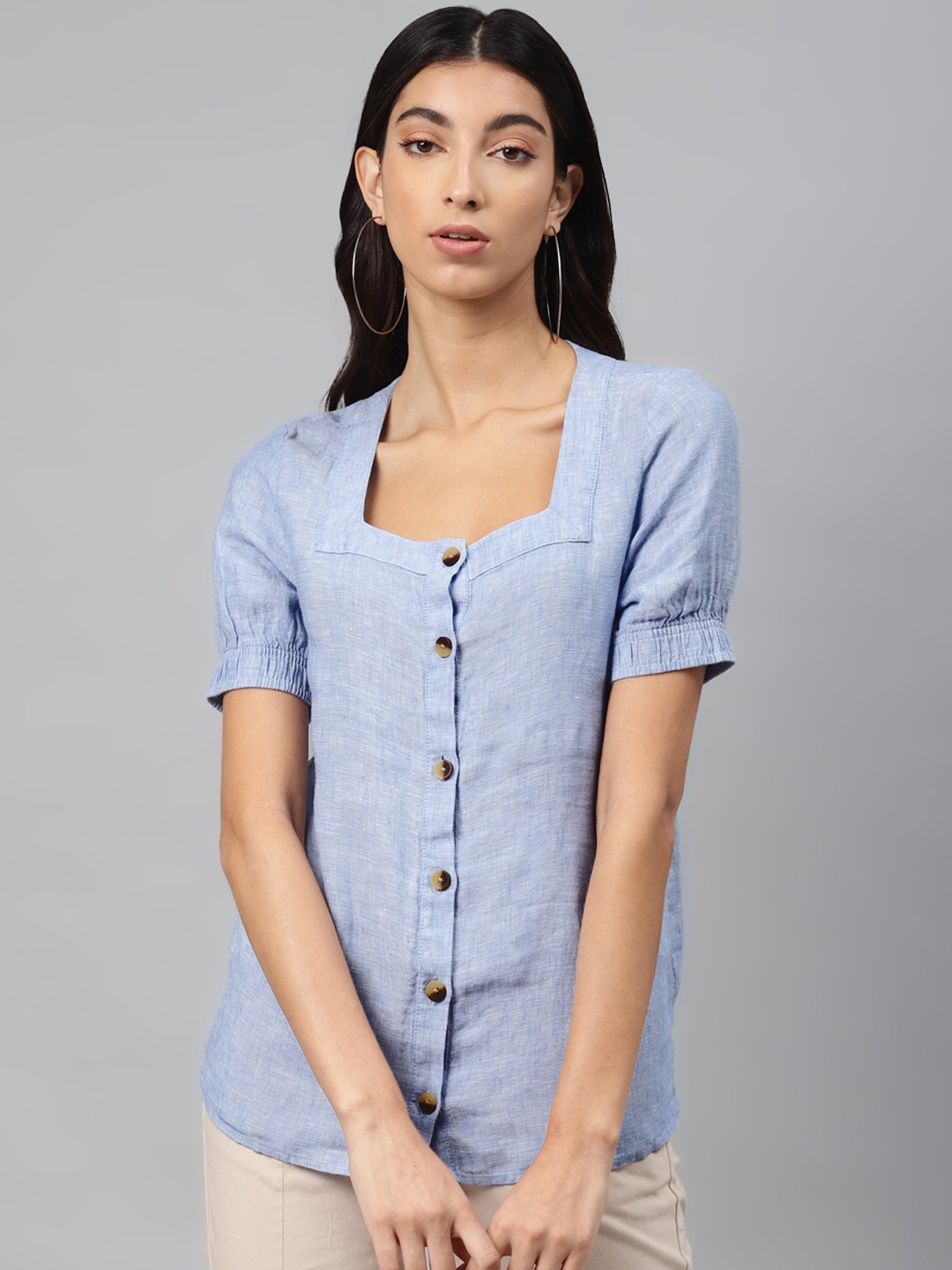 

Marks & Spencer Blue Puff Sleeves Linen Regular Top