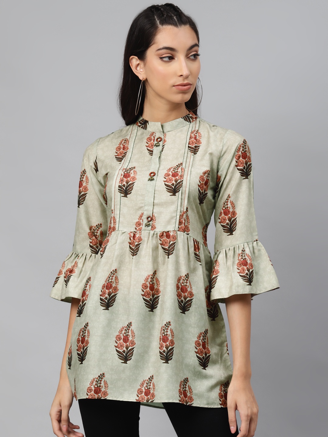 

shiloh Women Green & Peach-Coloured Ethnic Motifs Block Print Pleated Tunic