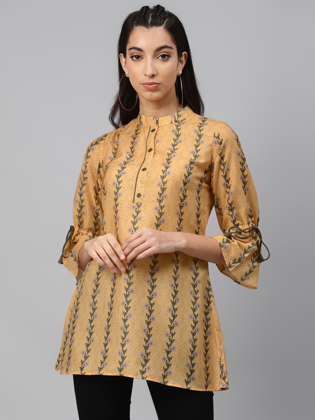

shiloh Women Mustard Yellow & Olive Green Floral Tunic