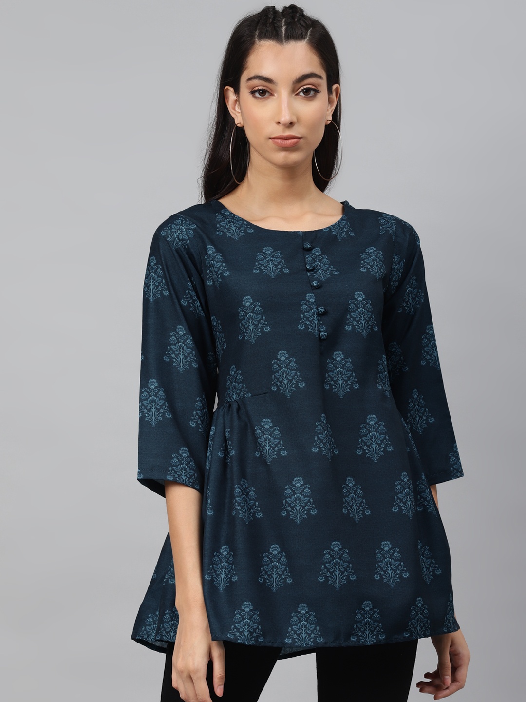 

shiloh Women Teal Blue Ethnic Motifs Block Print Pleated Tunic