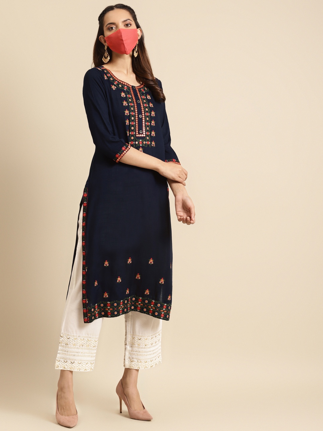 

RANGMAYEE Women Navy Blue & White Embroidered Kurta with Trousers With Matching Mask