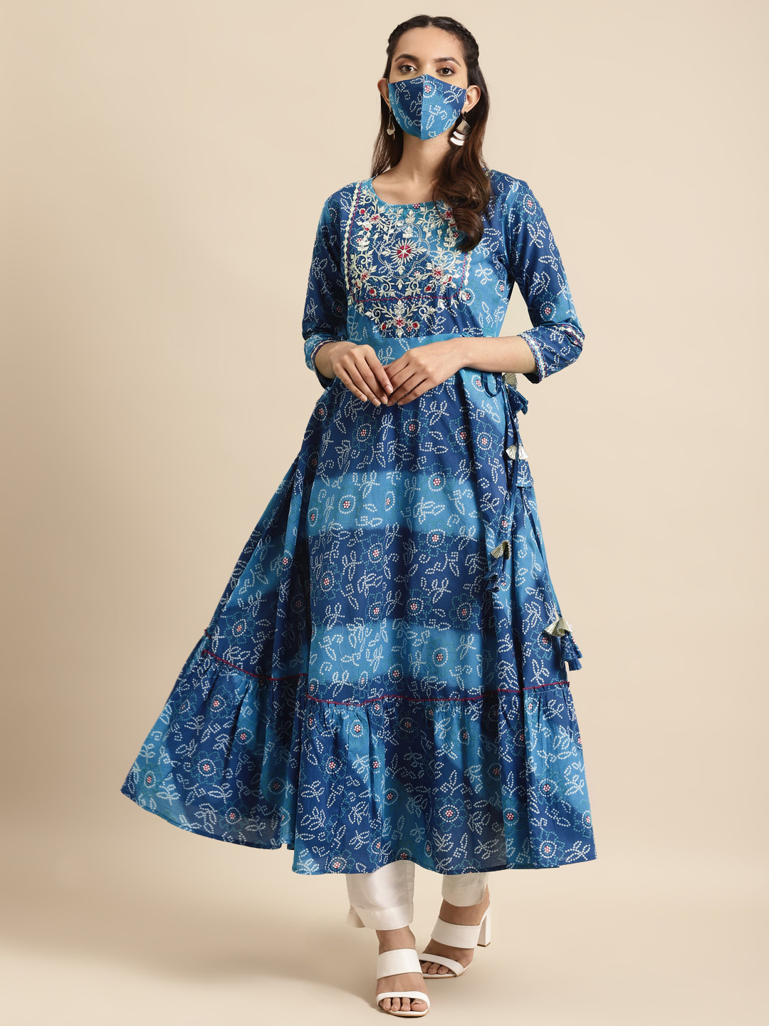 

Rangmayee Women Blue & White Bandhani Print Gotta Patti A-line Pure Cotton Kurta
